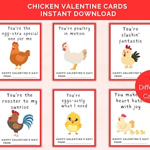 Lustige Valentinstagskarten Huhn, 6 druckbare Valentinstagskarten Huhn, Valentinstagskarten für Kinder im Klassenzimmer, Valentinstagskarten für die Schule