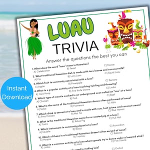 Luau Trivia Game, Luau Quiz, Hawaiian Party Game, Tropical Birthday Party Activity, Aloha Party Printable for Kids or Adults