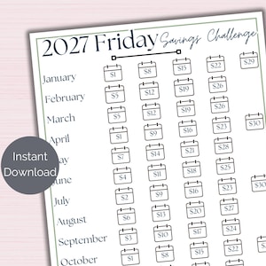 2027 Friday Savings Challenge, Printable Low Budget Coloring Calendar, Coloring Savings Tracker, Money Savings Challenge, New Year Challenge