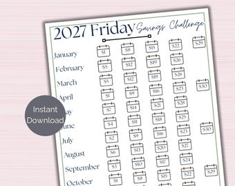Vrijdagse spaaruitdaging 2027, printbare budgetvriendelijke kleurkalender, kleurbare spaartracker, geldbesparingsuitdaging, nieuwjaarsuitdaging