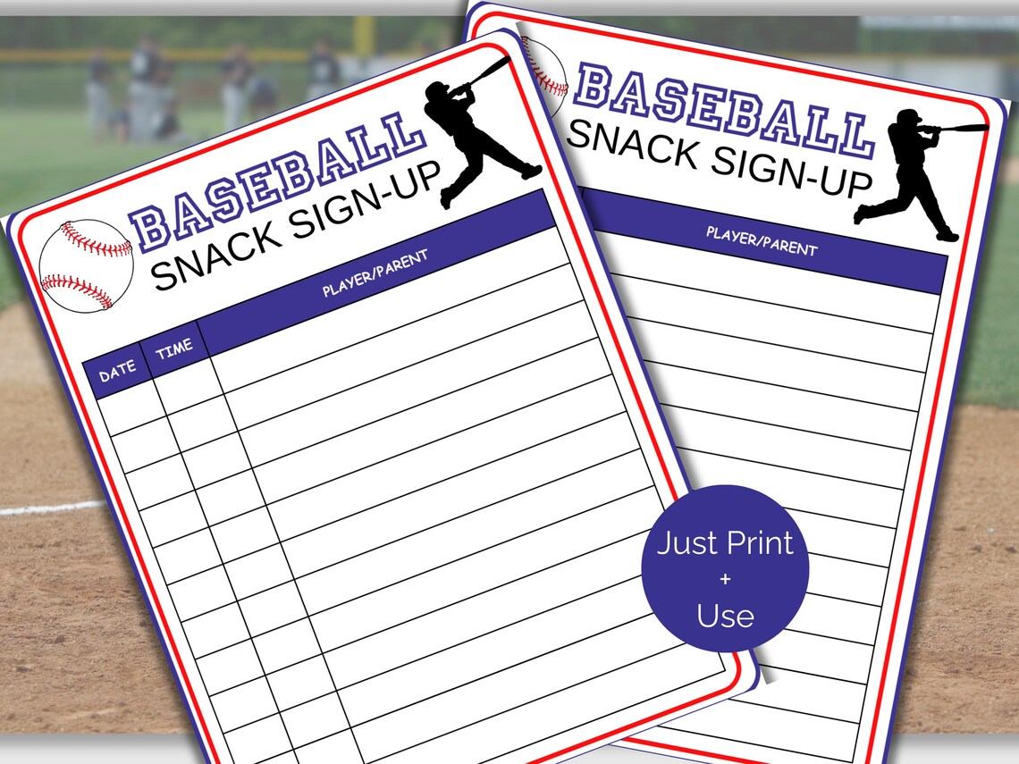 Baseball Snack Sign up Sheet, Printable Baseball Snack Schedule ...