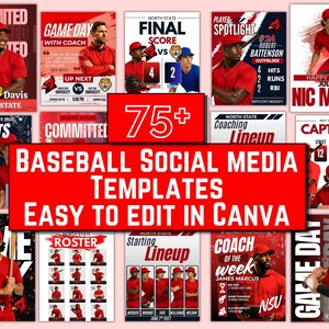 May include: A collection of baseball social media templates featuring red and white colour schemes, player portraits, game day graphics, rosters, and starting lineups with text overlays like Committed, Final Score, and Coach of the Week for Canva.