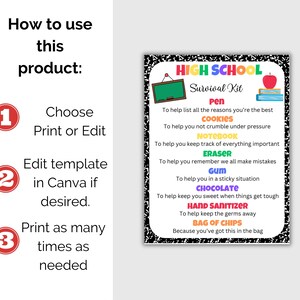 May include: A printable poster with a black and white chalkboard background. The poster says "High School Survival Kit" and lists items like a pen, cookies, notebook, eraser, gum, chocolate, hand sanitizer, and a bag of chips. Each item is listed with a reason why it is needed for high school survival.