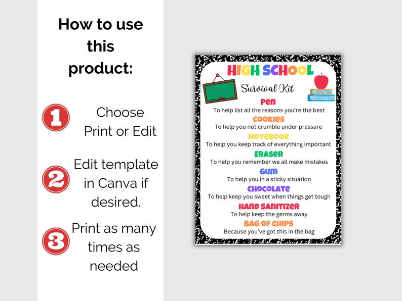 May include: A printable poster with a black and white chalkboard background. The poster says "High School Survival Kit" and lists items like a pen, cookies, notebook, eraser, gum, chocolate, hand sanitizer, and a bag of chips. Each item is listed with a reason why it is needed for high school survival.
