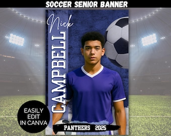 Plantilla editable de pancarta de fútbol senior, póster de fútbol personalizado, plantilla de Canva para pancarta de noche de fútbol senior, pancarta deportiva de fútbol senior