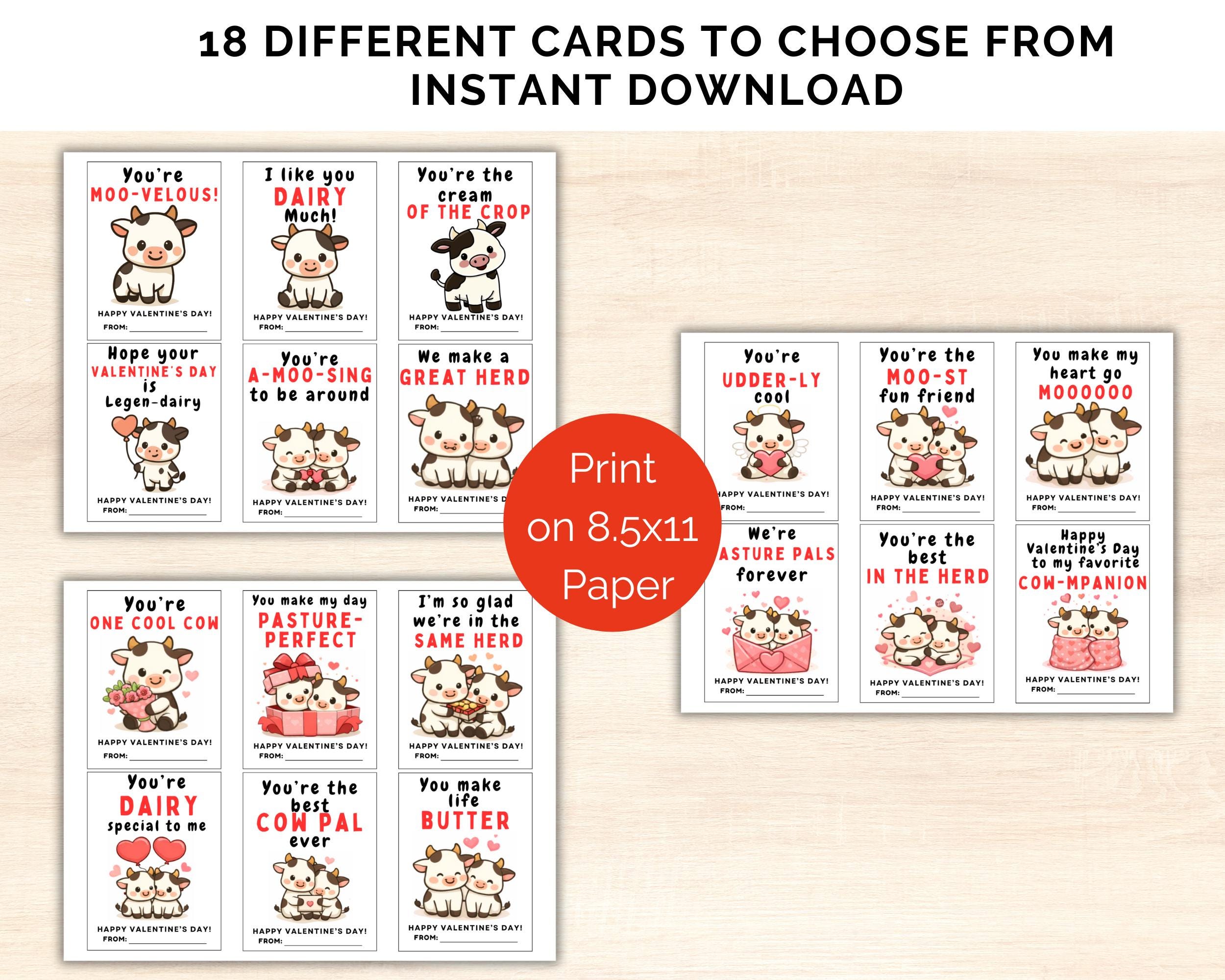 Cow Valentine Cards, 18 Printable Cow Valentines for Kids, Funny School ...