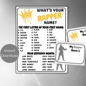 What&#39;s Your Rapper Name Game + Name Tags, Hip Hop Party Game, Rap Birthday Party Activity