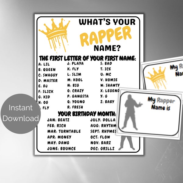 What's Your Rapper Name Game + Name Tags, Hip Hop Party Game, Rap Birthday Party Activity