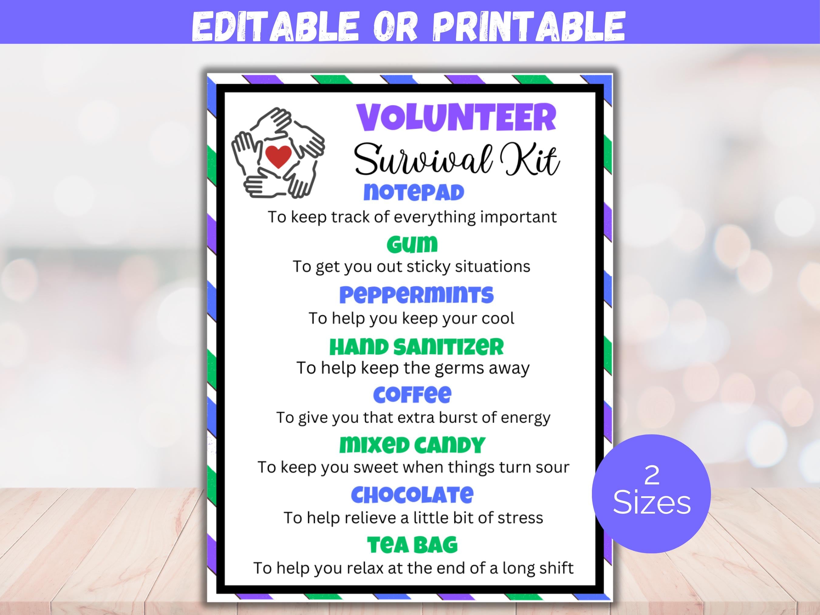 Editable Volunteer Survival Kit Gift Tags, National Volunteer Appreciation Week, Volunteer Thank You Gifts for PTO, School, Church, Staff