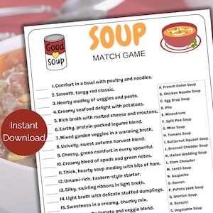Soup Match Game, Printable Soup Trivia Game, Soup Cookoff Game for kids and adults, Soup Potluck Activity, Soup Bar Theme Party, Soup Quiz