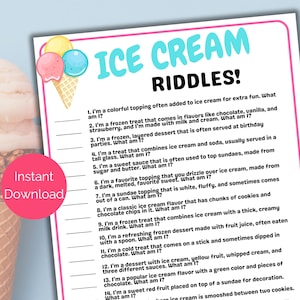 Ice Cream Riddles, Ice Cream Social Game, Ice Cream Birthday Activity, Printable Ice Cream Jokes for adults or Kids, Summer Party Game