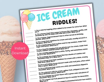 Ice Cream Riddles, Ice Cream Social Game, Ice Cream Birthday Activity, Printable Ice Cream Jokes for adults or Kids, Summer Party Game