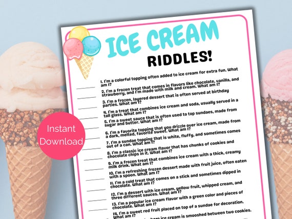 Ice Cream Riddles, Ice Cream Social Game, Ice Cream Birthday Activity, Printable Ice Cream Jokes for adults or Kids, Summer Party Game