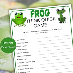 Puede incluir: Un juego imprimible de temática de rana para niños. El juego se llama "Frog Think Quick Game". El juego tiene 11 preguntas sobre ranas, como "Tipos de ranas", "Colores que pueden ser las ranas" y "Lugares donde viven las ranas".