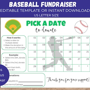 Edytowalny Baseball Wybierz Datę, Kalendarz Zbiórki Funduszy Baseballowych, Baseball Sponsor My Season Fundraiser, Formularz Zbiórki Funduszy Baseballowych, Zapłać Datę
