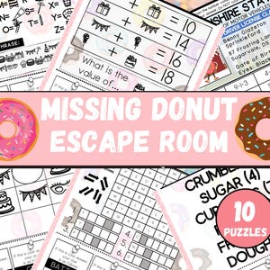 Könnte beinhalten: Ein rosa-weißer Donut mit Streuseln, ein braun-weißer Donut mit Streuseln und ein rosa Hintergrund mit dem Text "MISSING DONUT ESCAPE ROOM". Dieses Escape-Room-Spiel enthält 10 Rätsel, darunter ein Wortsuchspiel, ein Codeknacker-Rätsel und ein Logikrätsel.