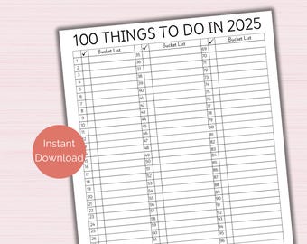 100 Things to Do in 2025, 2025 Bucket List Tracker, Goals for 2025, New Year Goals List Tracker, Printable Bucket List Ideas Planner