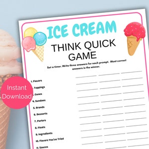 Ice Cream Think Quick, Ice Cream Party Game for kids and adults, Ice Cream Birthday Party, Ice Cream Social Game, Ice Cream Printable