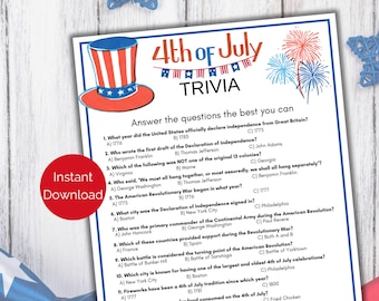 4. Juli Trivia Spiel, 4. Juli Quiz, 4. Juli Spiel, amerikanisches Trivia Spiel, druckbares Spiel zum Unabhängigkeitstag, Vaterländisches Trivia Spiel