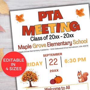EDITABLE PTO PTA September Meeting Flyer Template, Pto/Pta Information Meeting Flyer, Seasonal  pta Meeting Flyer, Fall Pta Meeting Reminder
