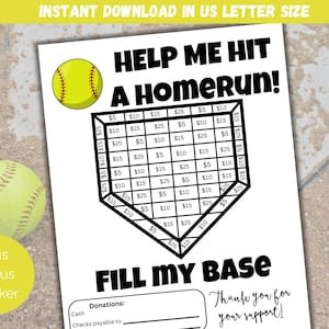 Fill My Softball Base Fundraiser Template, Softball Fundraiser Flyer, Softball Sponsor My Season, Color My Softball Base Fundraising Form