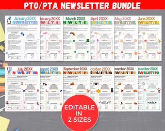 EDITIERBARE 12-monatige PTO PTA Newsletter-Vorlagenpaket, monatlicher Klassenzimmer-Newsletter, Schulnewsletter, Kindergartenklasse-Newsletter
