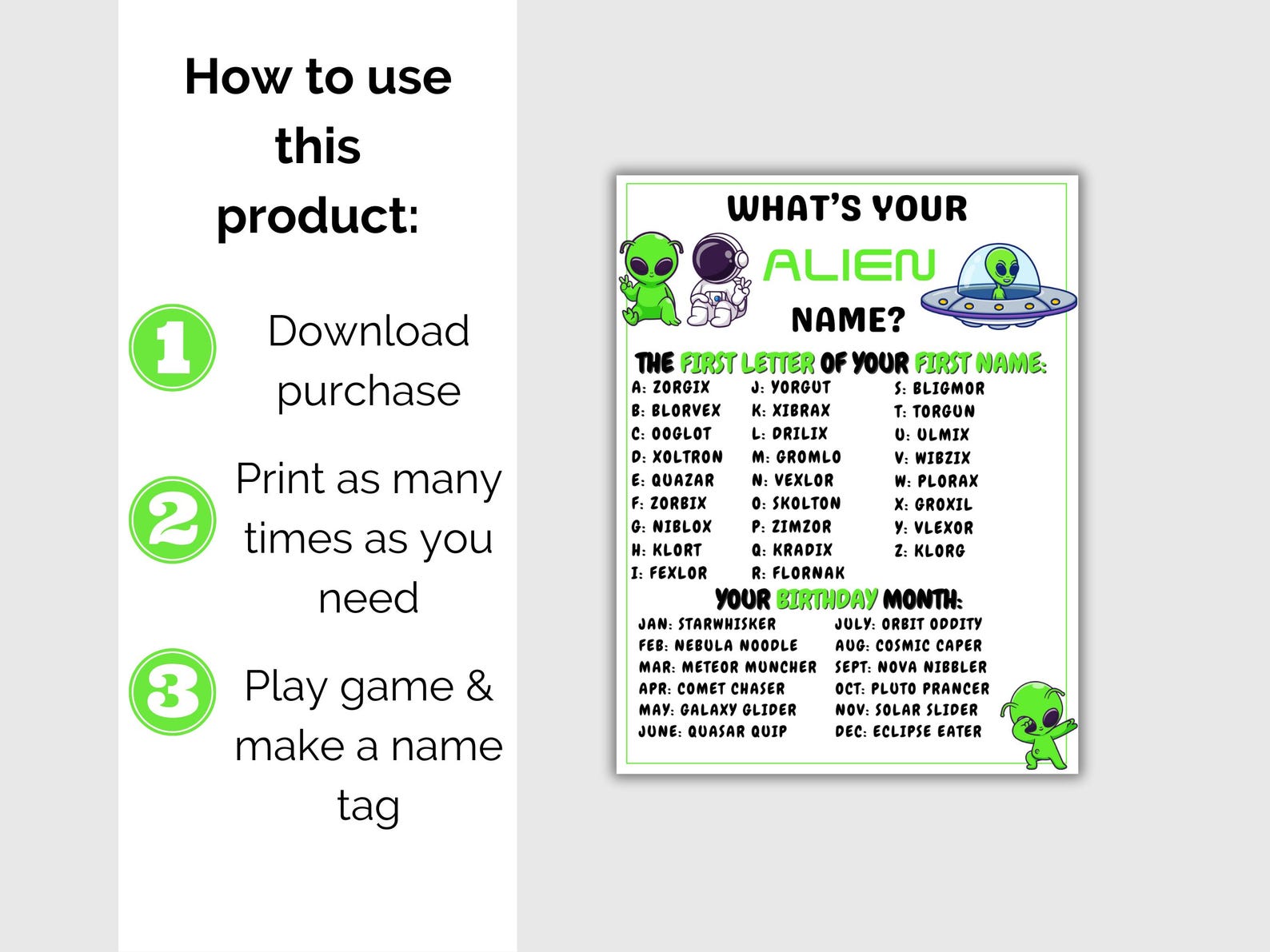 What's Your Alien Name Game + Name Tags, Printable Alien Birthday Party ...