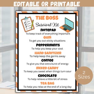 Editable Boss Survival Kit Gift Tags, Boss Appreciation Day Survival Kit Template, Thank You Gift for Manager or Boss, Bosses Day Gift Tags