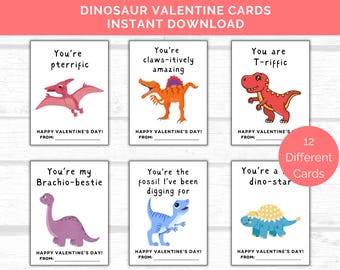 Dinosaur Valentine Cards, 12 Printable Dinosaur Valentines, Classroom Valentines Day Cards, Kids Valentine Cards, Class Valentines