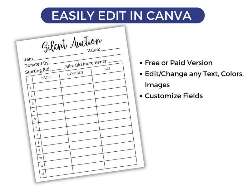 Editable Silent Auction Bid Sheet, Printable or Editable Silent Auction ...