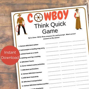 Cowboy Think Quick, festa da cowboy stampabile, giochi per feste a tema western, attività per feste da selvaggio West, giochi per feste da cowboy