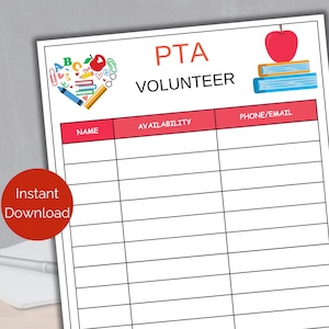 Folha de inscrição para voluntários da PTA, Folha de inscrição para PTO para impressão, Folha de inscrição para PTA, Formulário de inscrição para voluntários de professores, Formulário de inscrição para voluntários escolares