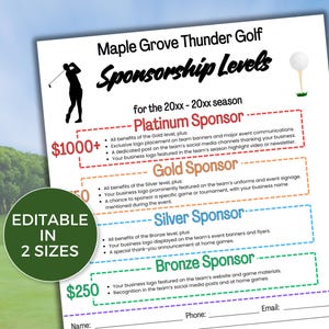 EDITABLE Golf Sponsorship Levels Flyer Template, Golf Sponsorship Form Template, Sponsor My Season Flyer, Golf Fundraiser Flyer,Golf Sponsor