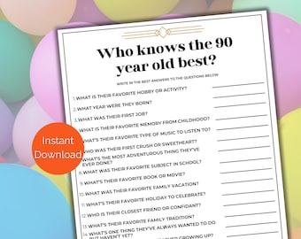 Who Knows the 90 Year Old Best Game, Printable 90th Birthday Party Games, How Well Do You Know the 90 Year Old, Ninetieth Birthday Game