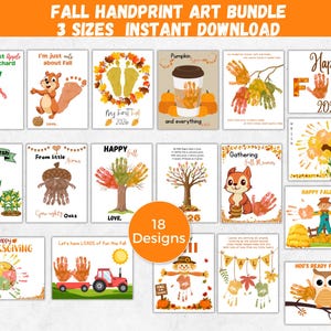 Peut inclure: Une collection numérique de 18 modèles d'art pour empreintes de mains sur le thème de l'automne, avec des illustrations d'écureuils, de citrouilles, d'épouvantails, de hiboux et de maïs. Chaque page inclut de l'espace pour des empreintes.