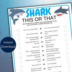 Shark This or That Game, Printable Shark Birthday Party Game, Shark Themed Party Activity, Shark Week Game, Shark Themed Party For kids