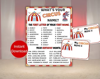 What's Your Circus Name Game + Name Tags, What's Your Carnival Name, Circus Birthday Party Printable, Carnival Birthday Game, Circus Party