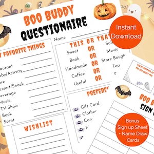 Halloween Boo Buddy Questionnaire, Printable Boo Buddy Gift Exchange Game, Boo Buddies Survey for Office, Halloween All About Me, Boo Basket