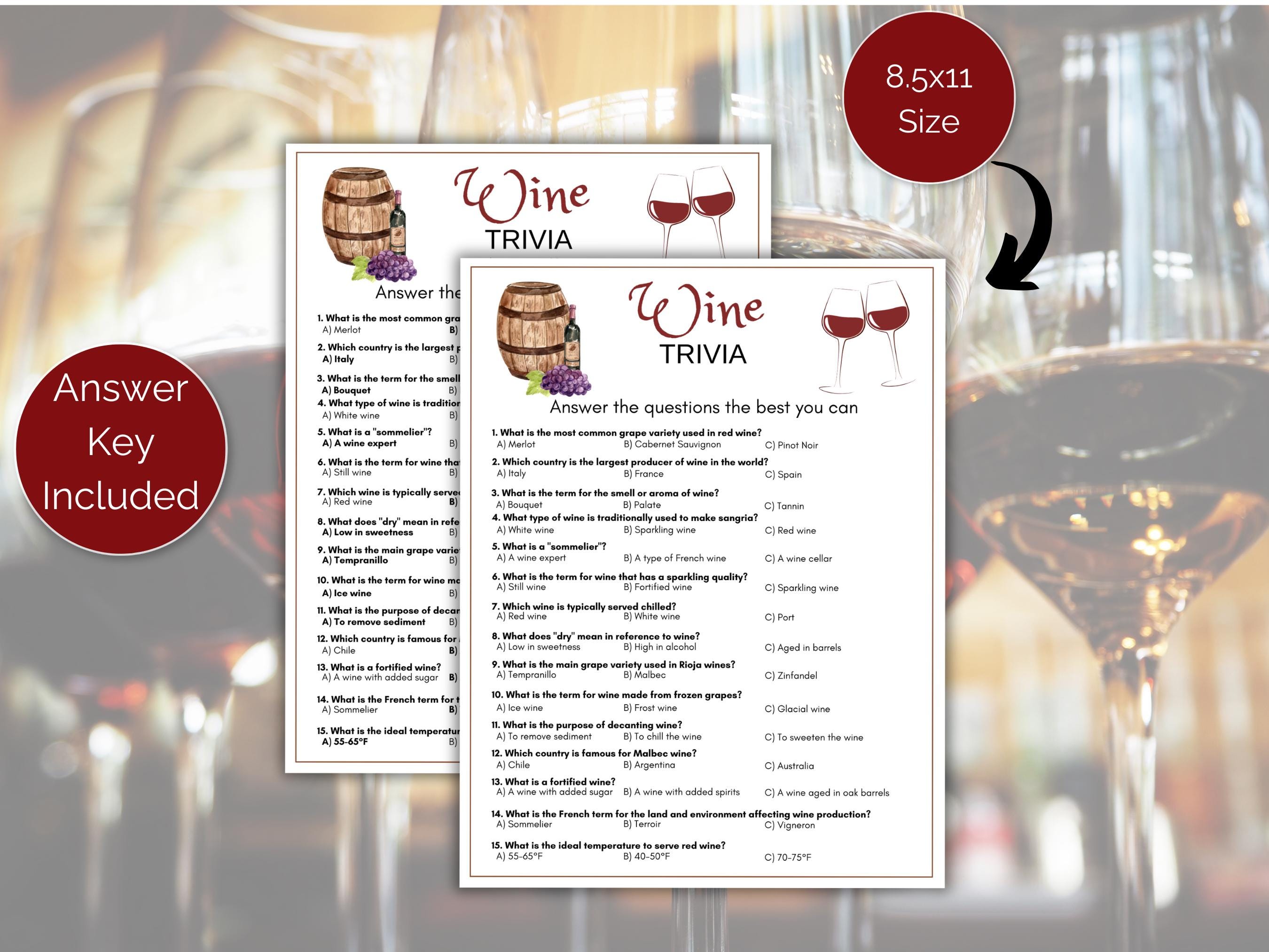 Wine Trivia Game, Wine Quiz, Printable Wine Party Game for Adults, Wine ...