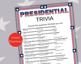 Presidential Trivia Game, Printable Presidents Trivia, Presidents Day Game, Printable Election Day Party, Patriotic Activity, President Quiz