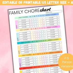 Editable Family Chore Chart, Weekly Family Chore Chart Printable, Adult Chore Chart, Chore Chart for Kids, Chore Chart for Teens