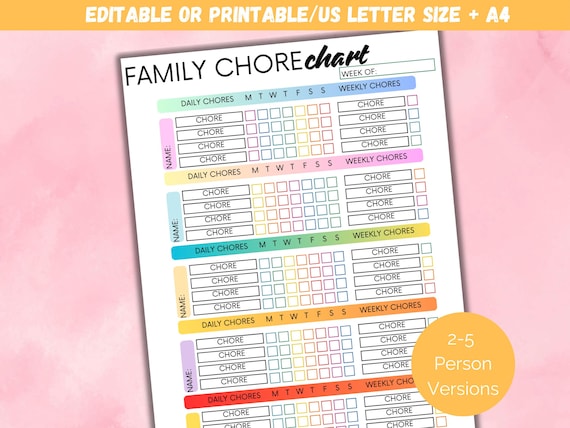 Editable Family Chore Chart, Weekly Family Chore Chart Printable, Adult Chore Chart, Chore Chart for Kids, Chore Chart for Teens