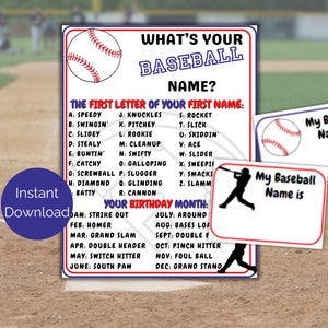 What&#39;s Your Baseball Name Game + Name Tags, Baseball Team Party Games,Baseball Birthday Party Activity,Baseball Printable for kids or adults