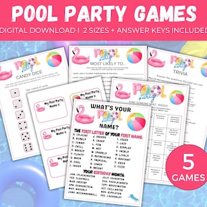 May include: Five printable pool party games featuring pink flamingo and inflatable ring designs. The games include Candy Dice, Most Likely To, What's Your Name, Pool Party Trivia, and Find Someone Who Bingo.