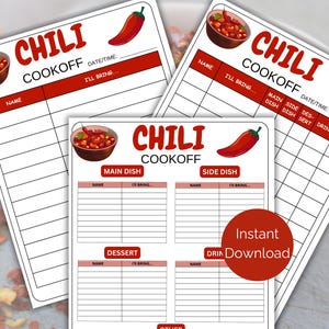 Chili Cookoff Sign Up Sheet, Printable Chili Cook-off Participant Signup Form, Chili Competition Sign-up Sheet, Chili Potluck Signup List