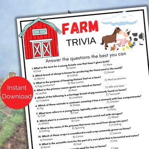 Farm Trivia Game, Printable Farm Trivia, Farm Quiz, Farming Printable, Farm Birthday Activity, Farm Themed Trivia for kids or adults
