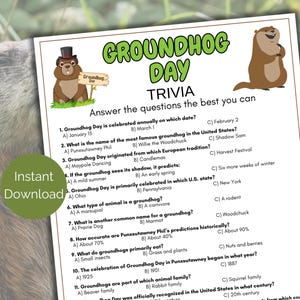 Groundhog Trivia Game, Groundhog Quiz,  Printable Groundhog Day Game for kids and adults, Groundhog Day Activity, Groundhog Day Party