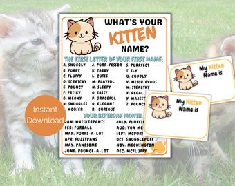 What&#39;s Your Kitten Name Game + Name Tags, Cat Themed Party Printable, Kitty Party Game for birthdays or classrooms
