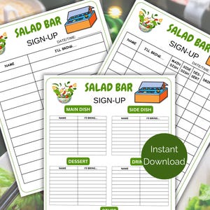以下が含まれることがあります： 「SALAD BAR SIGN-UP」の文字が入った、サラダバー用の白いサインアップシート。名前と持参物を記入する欄があり、サラダとサラダバーの漫画のイラストが描かれています。