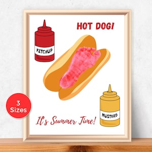 Hotdog voetafdrukkunst, voetafdruk zomer, kinderzomeractiviteit, voetafdrukkunst zomer, voetafdruk kleuter of peuter, campingambacht